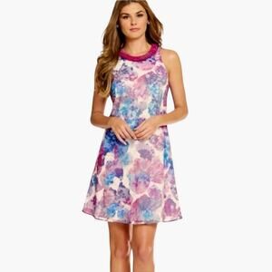 Belle By Badgley Mischka Watercolor Floral Print Embellished Shift Dress Size 8